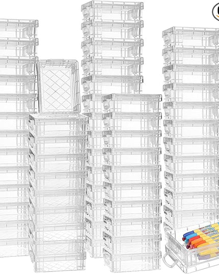 Suzile 60 Pcs Plastic Crayon Boxes with Snap Lids Clear Crayon Organizers and Storage Container, Bulk Stackable Pen Pencil Case for Art Crafts Classroom Office(Clear)