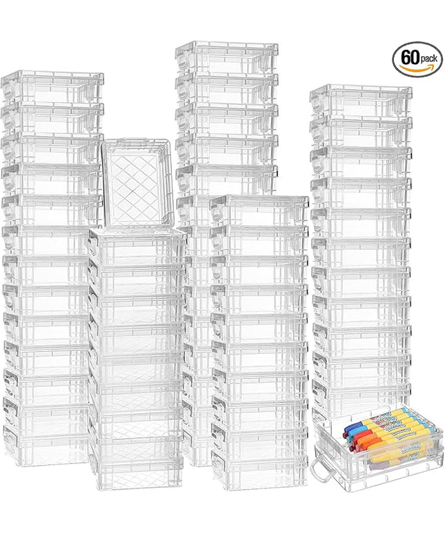 Suzile 60 Pcs Plastic Crayon Boxes with Snap Lids Clear Crayon Organizers and Storage Container, Bulk Stackable Pen Pencil Case for Art Crafts Classroom Office(Clear)