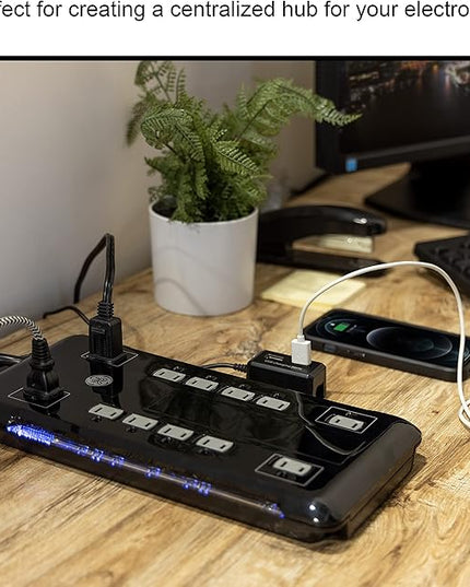 GE UltraPro 12 Outlet Surge Protector, Tethered 2 USB Ports, 8 Ft Power Cord, 4320 Joules, Flat Plug, Power Filter, Circuit Breaker, Warranty, UL Listed, Black, 11824