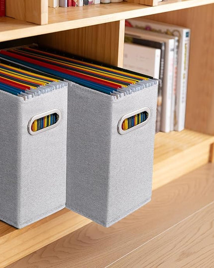 4 Pack Letter Size File Storage Box Collapsible, Fabric Hanging File Folders Organizer, Portable Office Document Holder with Metal Handle, Smooth PVC Rails, Light Gray