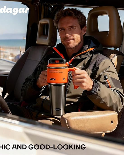 32 oz Stainless Steel Insulated Water Bottle with Handle, Sports Tumbler with Lid and Straw, Push-button Leak-proof Travel Cup, Fits in Car Cup Holder - Dynamic Orange