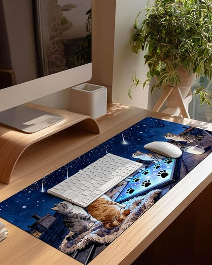 XL Mouse Pad Gaming Mousepad 31.5 x 11.8 Inch Large Keyboard Desktop Mat Diatomite Mouse Pad for Home and Office Desk Accessories with Rooftop Starry Sky Cat Artwork