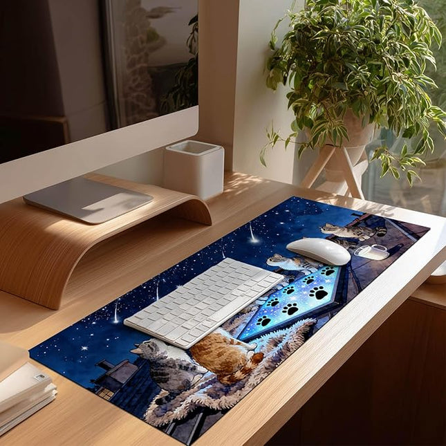 XL Mouse Pad Gaming Mousepad 31.5 x 11.8 Inch Large Keyboard Desktop Mat Diatomite Mouse Pad for Home and Office Desk Accessories with Rooftop Starry Sky Cat Artwork
