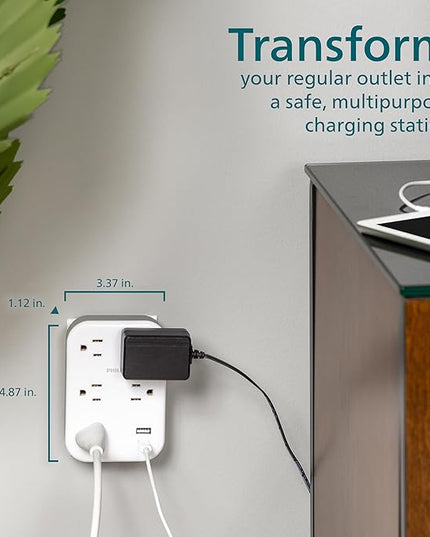 Philips EZFit 5-Outlet Extender Wall Tap with Surge Protection, Grounded Adapter, Charging Station, 3 Prong, 1 USB-A, 1 USB-C, 900J, White, SPP3513W/37