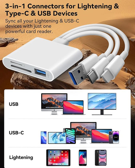 SD Card Reader for iPhone iPad Laptop 3-in-1 Connectors Memory Card Adapter with Dual Slots & USB Port Trail Game Camera Viewer for iPhone Mac MacBook Android Laptop White