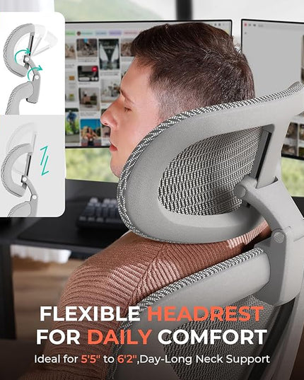 CAPOT Ergonomic Mesh Office Chair, Adjustable Lumbar High Back Desk Chair 400lbs, 4D Flip-up Arms, 3 Tilt Backrest, 3D Headrest, PU Wheels, Swivel Rolling Computer Seating for Long Desk Work - Grey