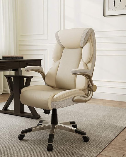 EUREKA ERGONOMIC Galene Executive Office Chair Flip Up Arm Rest, Ergonomic Desk Chair Faux Leather Computer Chair, High Back Office Chair with Headrest, Home Office Desk Chairs with Wheels, Beige