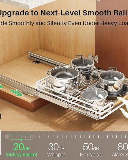 Pull out Cabinet Organizer, 12"W X 21"D, Heavy Duty Smooth Sliding Under Cabinet Shelves for Pots and Pans, Full-Extension Roll out Drawers, Slide out Organization for Home Kitchen Pantry, White