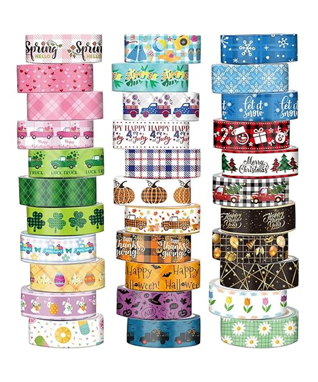 TaoBary 33 Rolls Holiday Plaid Washi Tape, 15 mm Seasonal Washi Tape Set Bohemian Colorful Vintage Cute for Card Wrapping Craft(Cute Style)