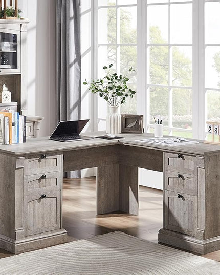 OKD 60" L Shaped Executive Desk with Drawers, Farmhouse Home Office Desk with Charging Station, File Cabinet Storage, Wood Corner Computer Desk for Work and Study, Light Rustic Oak