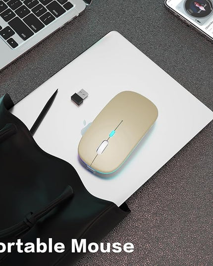 Wireless Bluetooth Mouse - Rechargeable Laptop Mice - with LED Lights,Dual Mode(Bluetooth 5.2 & Portable USB 2.4G) Connection,Silent - Computer Mouse for Laptop,iPad,Tablet,MacBook,& PC(Gold)