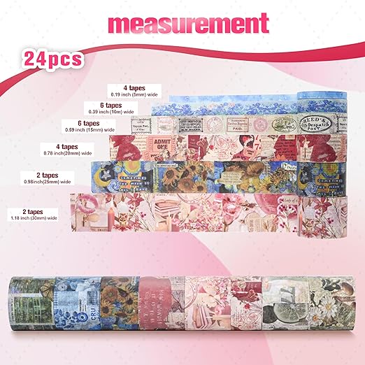 FTTELK 24 Rolls Vintage Washi Tape Set,Glitter Floral Decorative Adhesive Tape for Scrapbooking Supplies,Junk Journal,DIY Crafts,Planners and Gift Wrapping(Romantic Eternal Series)