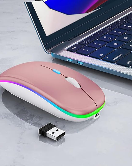 Wireless Bluetooth Mouse Rechargeable Laptop Mice with LED Lights Silent Slim Use(BT5.2 & 2.4G Portable USB) Dual Mode Computer Mouse for Laptop/iPad/Tablet/Apple/Computer/Mac(Rose Gold)