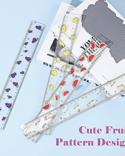 BAYTORY 4Pcs Transparent Acrylic Ruler 12 Inch, Clear Plastic Straight Rulers, Shatterproof Student Stationery Centimeters with Inches, for Classroom Essentials School Supplies (Fruit)