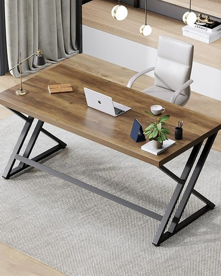 LVB Wood Computer Desk, Rustic Home Office Executive Desk for Bedroom, Industrial Wooden Computer Writing Study Work Gaming Table, Modern Metal PC Student Simple Desk with Storage, 55 Inch, Rustic Oak