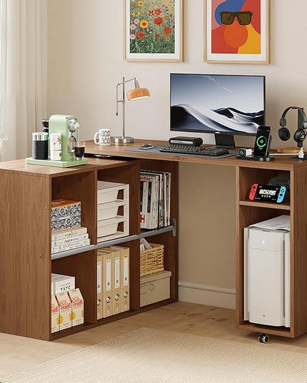 BLANKSPACE L-Shaped Computer Desk with 360° Swivel Desktop & 6 Open Shelves, Corner Desk - Rotating Home Office Desk Yili Walnut
