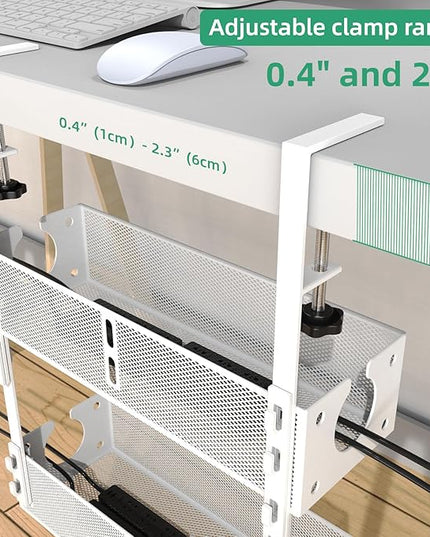 Multi-Model Under Desk Cable Management Tray 2 Packs Metal Under Desk Wire Management Clamp Mount Under Table Cord Management No Damage The Desk (White)