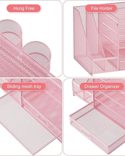 Marbrasse Desk Organizer with File Holder, 5-Tier Paper Letter Tray Organizer with Drawer and 2 Pen Holder, Mesh Desktop Organizer and Storage with Magazine Holder for Office Supplies(Pink)
