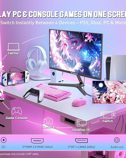 SANSUI Gaming Monitor 27" 1440p 260hz/240hz WQHD 2K - Fast IPS 1ms FreeSync Premium 丨DCI-P3 98% 丨sRGB130% 丨HDR10 丨2×DisplayPort 1.4丨2×HDMI2.0 PC Gaming Monitor with Crosshair