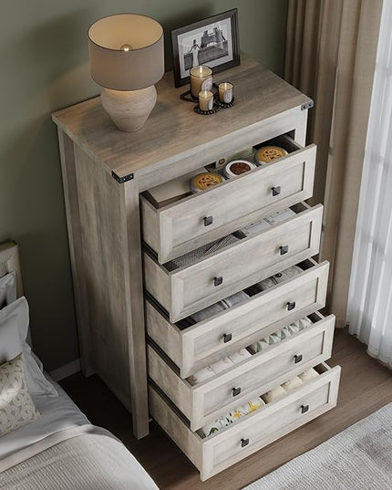 BORNOON Tall 5-Drawer Dresser, Modern Wooden Storage Chest of Drawers, Dresser TV Stand, Wood Drawer Organizer with Metal Handles for Bedroom, Living Room, Hallway