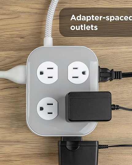 GE UltraPro 10-Outlet Surge Protector, 2100 Joules, 4ft Braided Extension Cord, Flat Plug, Power Strip with Wide-Spaced Outlets, Gray/White, 84860