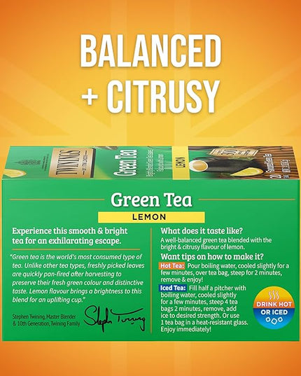 Twinings Green Tea with Lemon Individually Wrapped Bags, 20 Count (Pack of 6), Zesty Citrus Aroma & Flavour, Caffeinated, Enjoy Hot or Iced, 120 Teabags