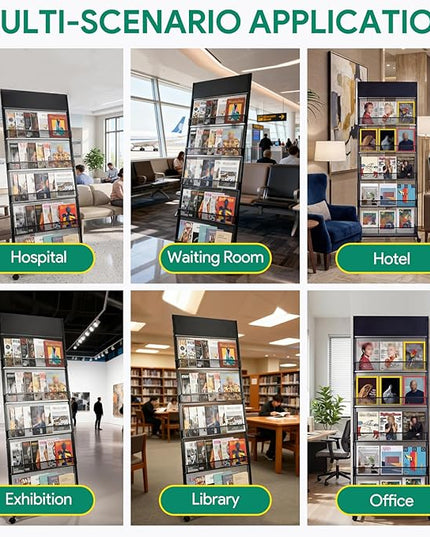 5 Layer Floor Magazine Rack Stand, 70"×27×13.6" Brochure Display Stand with 4 Universal Wheels, Detachable Magazine Display withTop Billboard, for Exhibitions, Shopping Malls, Hospitals, Offices