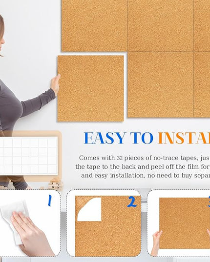 DOLLAR BOSS Cork Board Tiles, 6 Packs 12" x 12" 1/2" Thick Cork Bulletin Board Self Adhesive Corkboards for Walls with 60 Pushpins for Home Office Kitchen School Decor Display