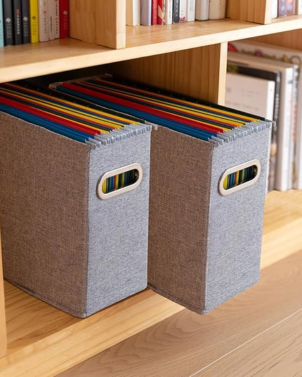 4 Pack Letter Size File Storage Box Collapsible, Fabric Hanging File Folders Organizer, Portable Office Document Holder with Metal Handle, Smooth PVC Rails, Gray
