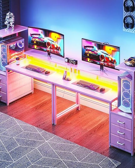 AODK 52 Inch Gaming Desk with USB Charging Ports & LED Light- Reversible Computer Desk with Storage Shelves & Monitor Stand, Modern Gamer Desk Table with Fabric Drawers & Side Hook, Carbon Fiber Pink