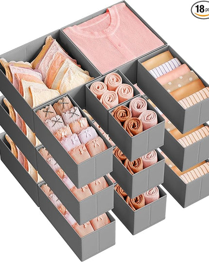 SONGMICS Drawer Organizers, Dresser Divider Organizers, Set of 18, Foldable Fabric Storage Boxes for Socks, Underwear, Bras, Ties, Scarves, Dove Gray URDZ006G05