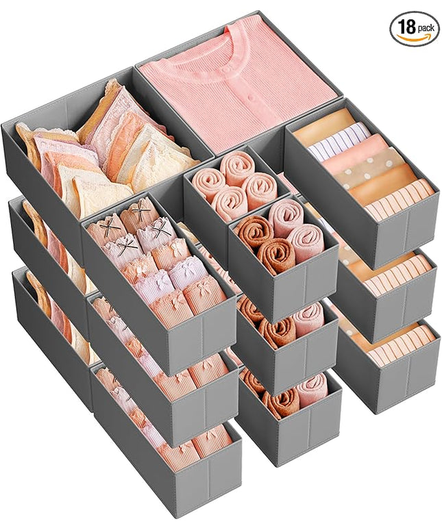 SONGMICS Drawer Organizers, Dresser Divider Organizers, Set of 18, Foldable Fabric Storage Boxes for Socks, Underwear, Bras, Ties, Scarves, Dove Gray URDZ006G05
