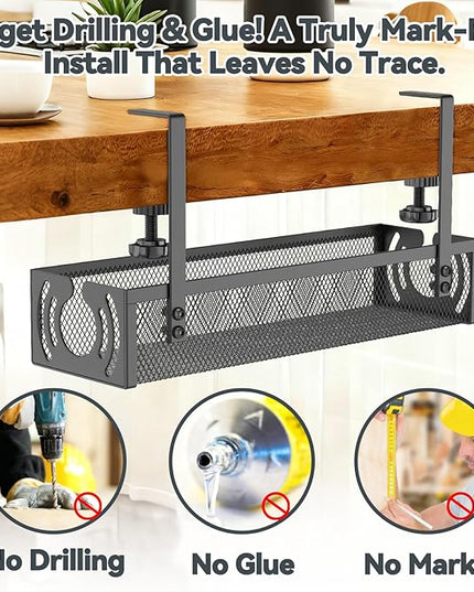 Cable Management, 15'' Under Desk Cable Management Tray No Drill, Metal Cable Organizer with Clamp for Wire Management, Cord Organizer for Home Office, Desk Accessories Organizer, Black