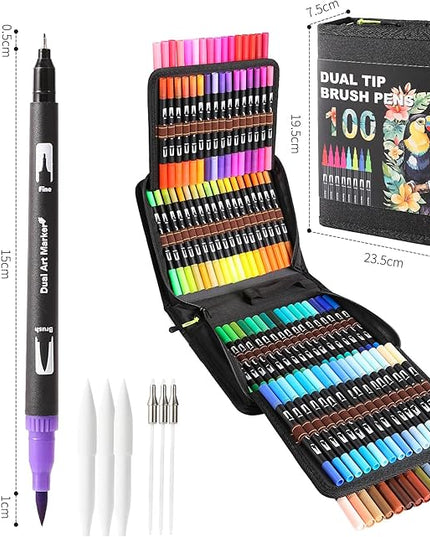 Dual Tip Markers, Brush Art Markers Set with Fine Tip and Brush Tip for Adult Coloring Book, Hand Lettering, Calligraphy & Drawing, Professional Art Supplies Kit for Adults (100 Colors)