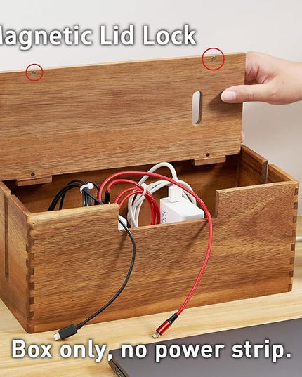 Acacia Wood Cable Management Box, Wooden Cord Hider & Organizer for Power Strip, Electrical Hiding, TV Wires, Desk & Floor Cables - Office Under Desk Cable Storage Box for Wire Storage Organization