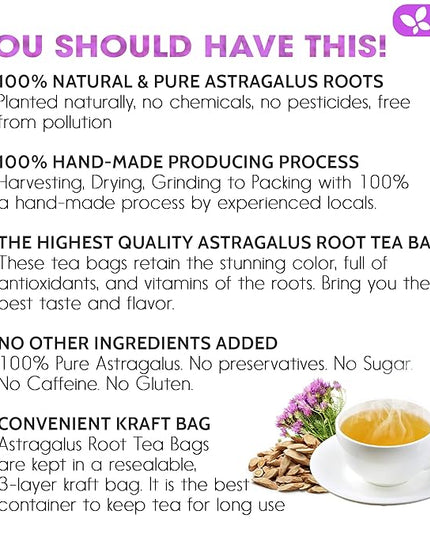 FreshDrinkUS, Premium 75 Astragalus Root Tea Bags, 100% Natural & Pure from Astragalus Root Herbal Tea. Made with Natural Material Tea Bags. No Sugar, No Caffeine, No Gluten, Vegan.