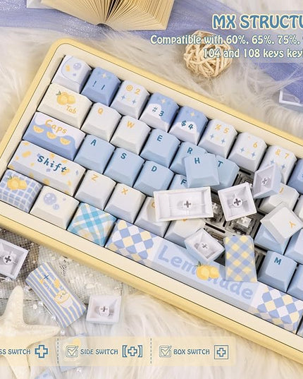 Cherry Profile Blue and White Creamy Keycaps - Custom PBT Keycaps Set, Dye Sublimation, 145 Keys Baby Blue Replacement Key Caps for Mechanical Keyboard