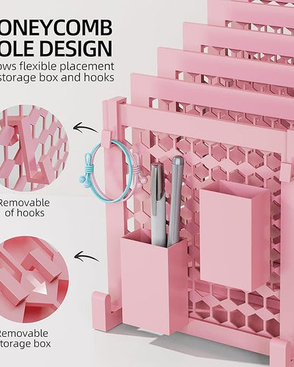 File Organizer for Desk with Storage Box & Hook, Inclined Desk File Organizer with 5-Section Vertical File Holder suitable for Home Office Document Organization (Pink-01)