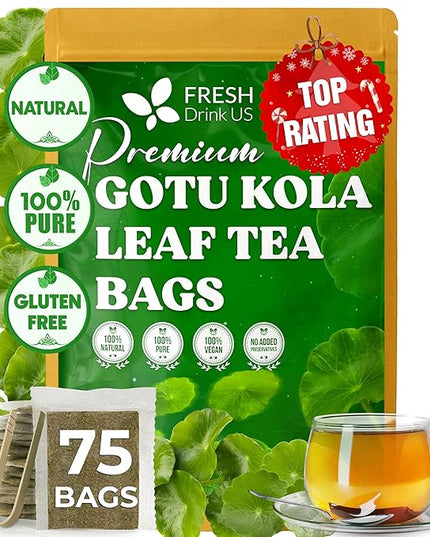 FreshDrinkUS, Premium Gotu Kola Leaf Tea – 75 Tea Bags | Pure Dried Centella Asiatica Leaves | Naturally Caffeine-Free Herbal Tea | Refreshing Aroma & Smooth Taste | Premium Herbal Infusion. Vegan