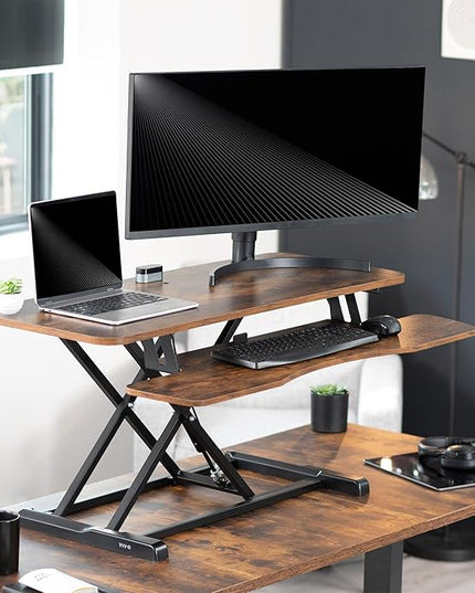 VIVO 42 inch Desk Converter, K Series, Height Adjustable Sit to Stand Riser, Dual Monitor and Laptop Workstation with Wide Keyboard Tray, Rustic Vintage Brown Top, Black Frame, DESK-V042KN