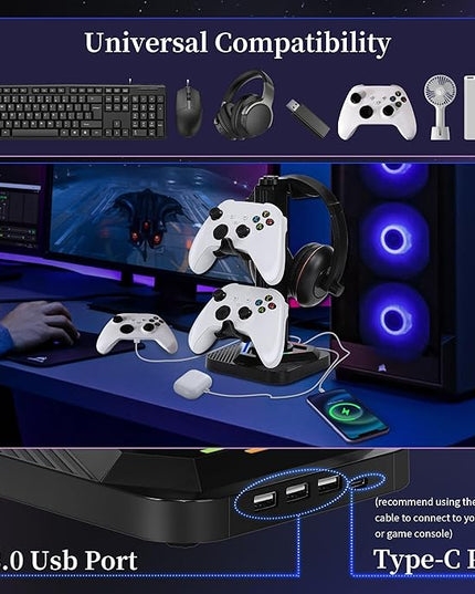 RGB Gaming Headphone Stand, Controller Holder & Headset Holder for Desk, Headphone and Controller Stand with 3 USB Ports, Suitable for PC Earphone Accessories, Gift for Men Boyfriend