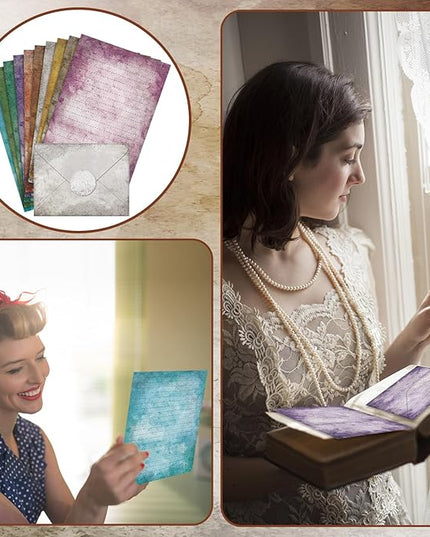 TaoBary 160 Pcs Stationery Paper Set 50 Double Sided Stationery Papers with 50 Matching Envelopes and 60 Round Dot Sticker, 10 Design (Vintage,8.25 x 5.5 Inch)