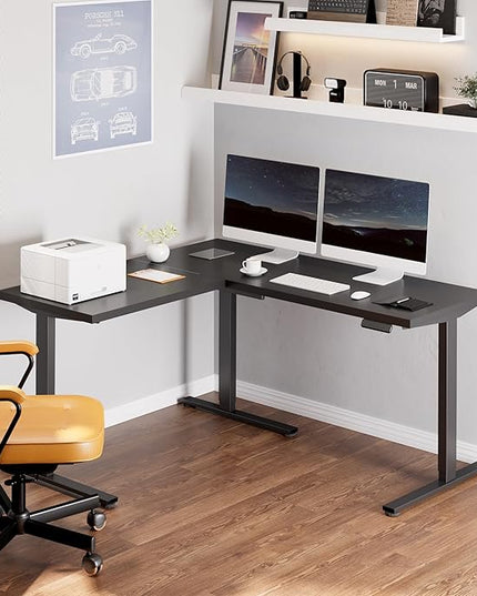 FLEXISPOT L Shaped Standing Desk, 63 x 55 Inch Electric Height Adjustable Corner Desk, Sit Stand Computer Workstation, Preset Controller, Home Office, Black Frame with Black Top