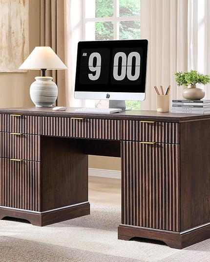 JXQTLINGMU 58" Modern Executive Desk with Storage, Wood Home Office Desk with 5 Drawers & 1 Cabinet, Fluted Computer Writing Desk for Study, Living Room, Bedroom, Dark Walnut