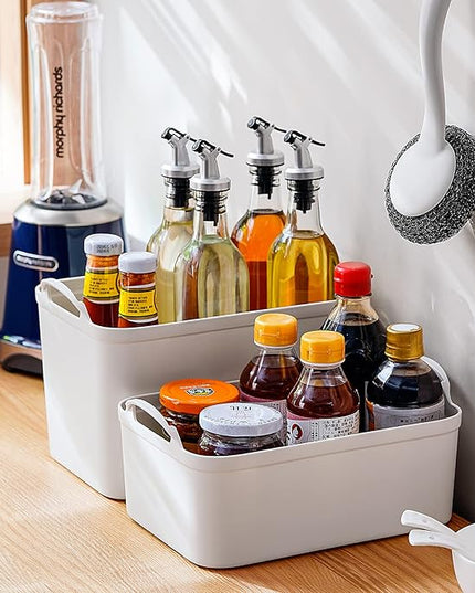 ANMINY 5PCS Plastic Storage Bins Containers with Lids, Large White Storage Organization Bins Boxes, Lidded Plastic Storage Baskets for Closet Shelves Drawers Desktop - 2 Medium 3 Small, Wheat Lids