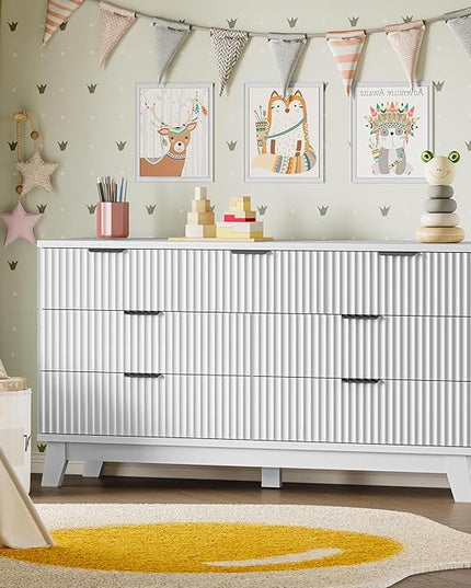 BORNOON 57" Long Dresser for Bedroom, 7-Drawer Fluted Chest, Wide Wood Storage Dresser with Metal Slides and Handles, Stable Base, Modern Clothes Organizer for Primary Suite, Guest Room, Nursery