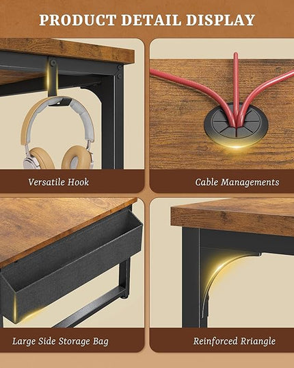 63 Inch Desk with Power Outlets & Storage Bag, Computer Desk with Monitor Stand, 0.95 Inch Thicker Desktop of Office Desk with Light, Writing Desk for Home Office, Study, Bedroom, Brown