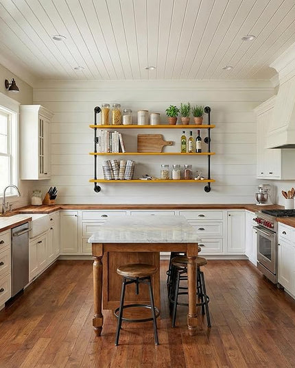 Industrial Pipe Shelving Shelf Rustic Wood Wall Shelves Industrial Floating Shelves for Wall 48 Inch Farmhouse Bookshelf Pipe Shelves Living Room Kitchen