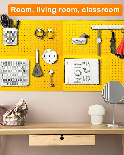 Metal Peg Board Panels for Workbench, Shop, Shed Modular Peg Board Organizer Board Kit, pegboard Wall Organizer(4 Pack, Yellow)