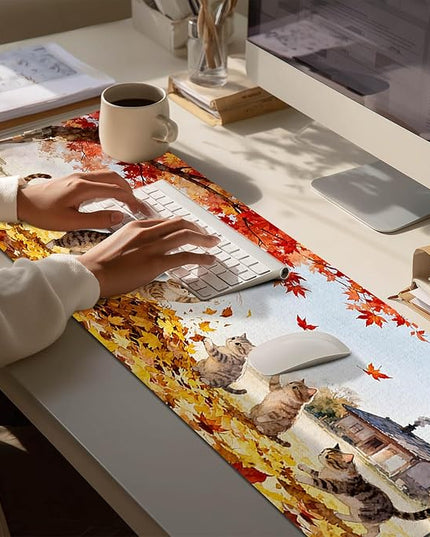 Cat XL Mouse Pad 31.5 x 11.8 Inch Gaming Mousepad Diatomite Large Keyboard Mouse Pad for Home and Office Desk Accessories with Autumn Leaves Kittens Illustration Featuring Stable Base